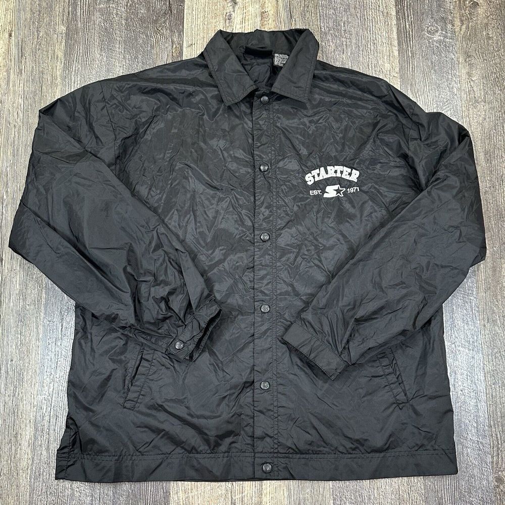 Vintage Starter Collared Snap Button Windbreaker Nylon Black Coach Jacket Y2K